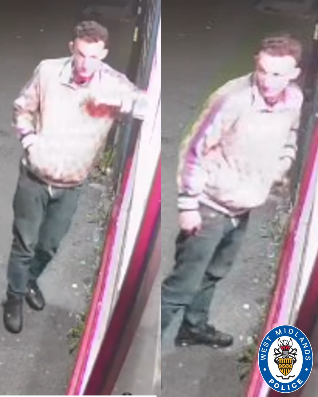 CCTV images showing a man in a street wearing black jeans and a light coloured jacket