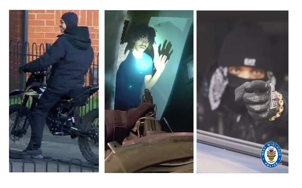 Mikey Large is pictured on one of the bikes. He was arrested by armed police (centre) as was Tyrese Henry (pictured right) in a music video