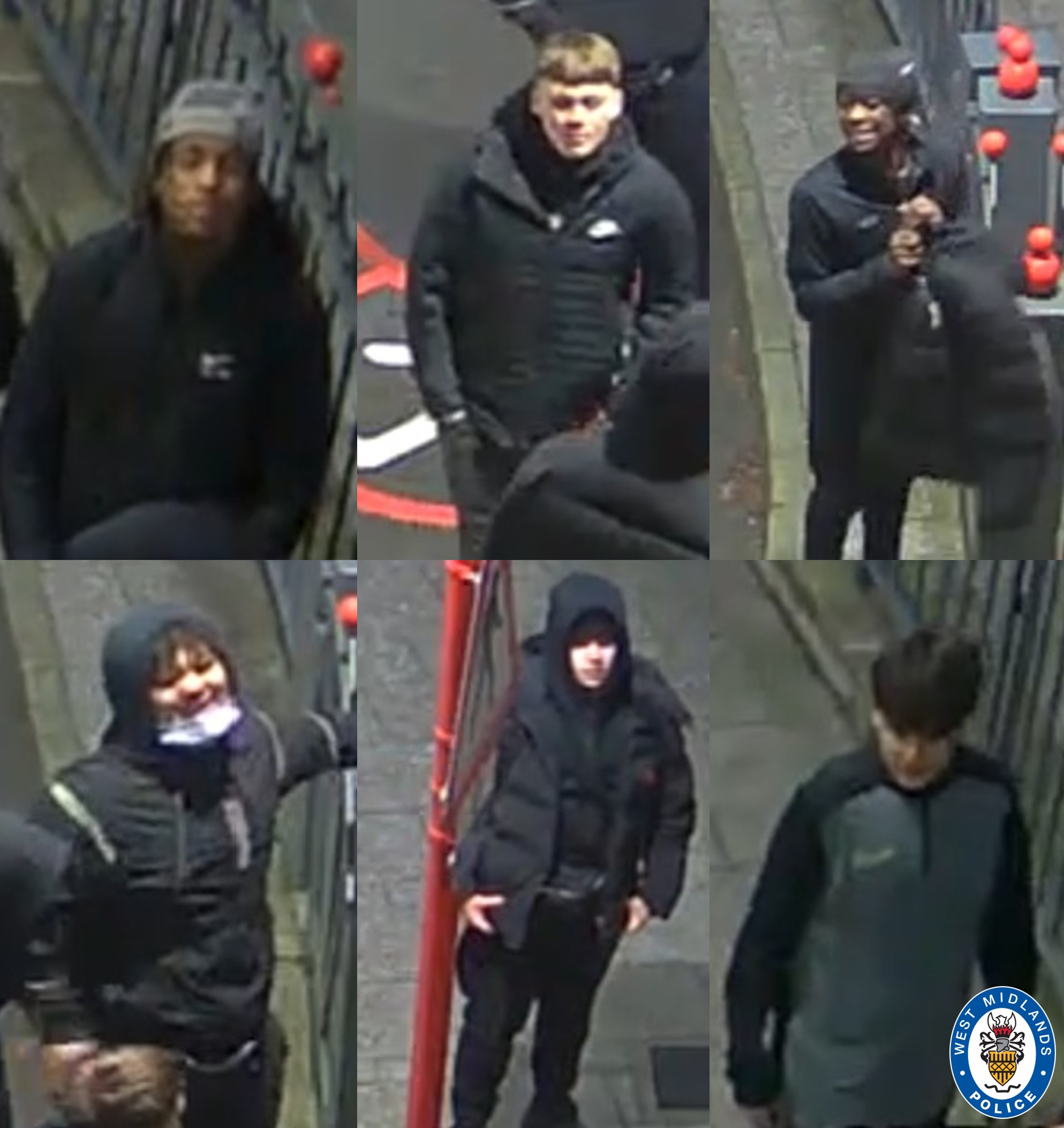 Collection of CCTV images all showing boys wearing black clothing 