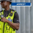 Arrest graphic showing PC talking into radio stood outside