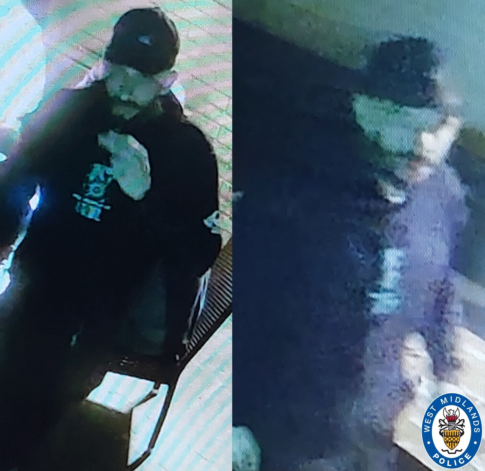 CCTV images of a man wearing a black hoodie and black cap 