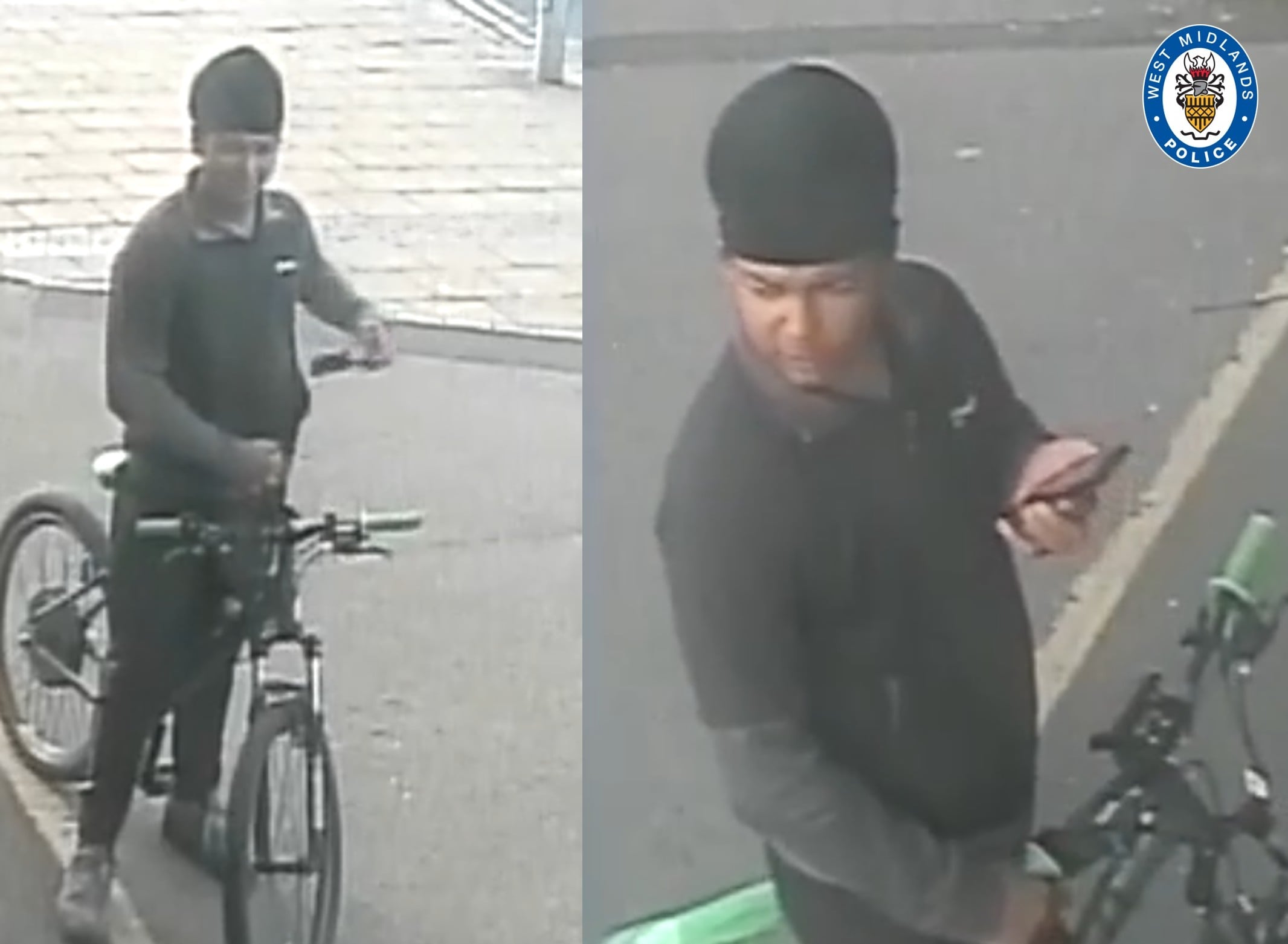 CCTV images of a man with a bike wearing all black clothing