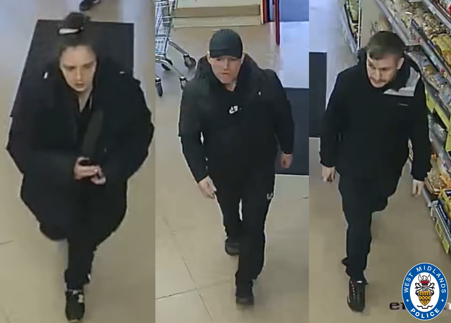 CCTV images of two men and a woman all in black clothing 
