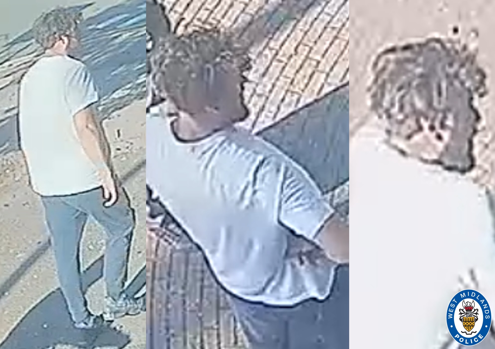 Three CCTV images as a collage showing a man in a white t-shirt and light brown curly hair stood outside