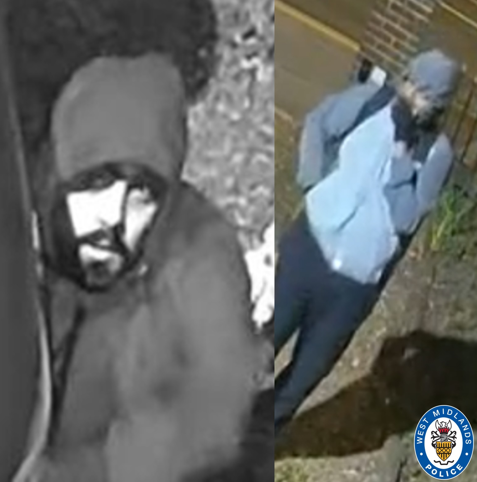 CCTV images of two men wearing coats and with hoods up