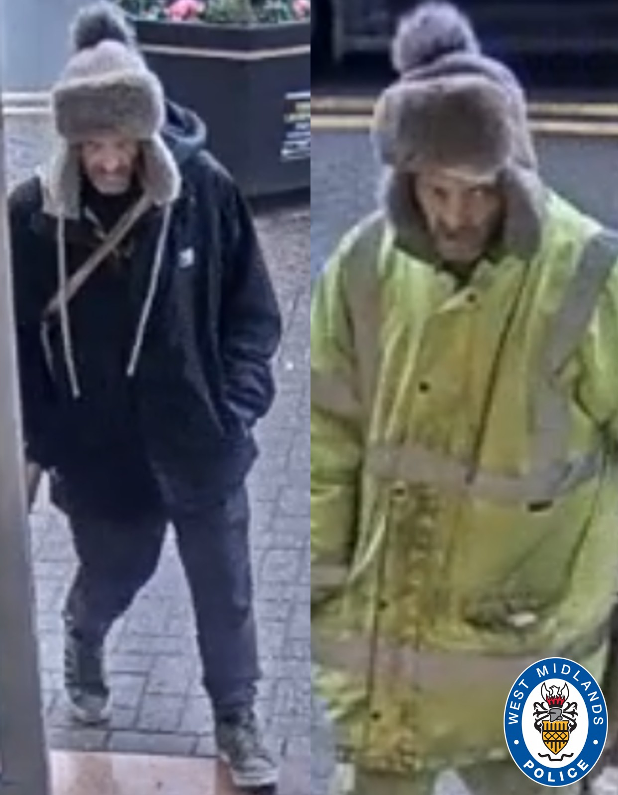 CCTV images of man wearing a grey bobble hat a black coat in one image and a high vis jacket in another 