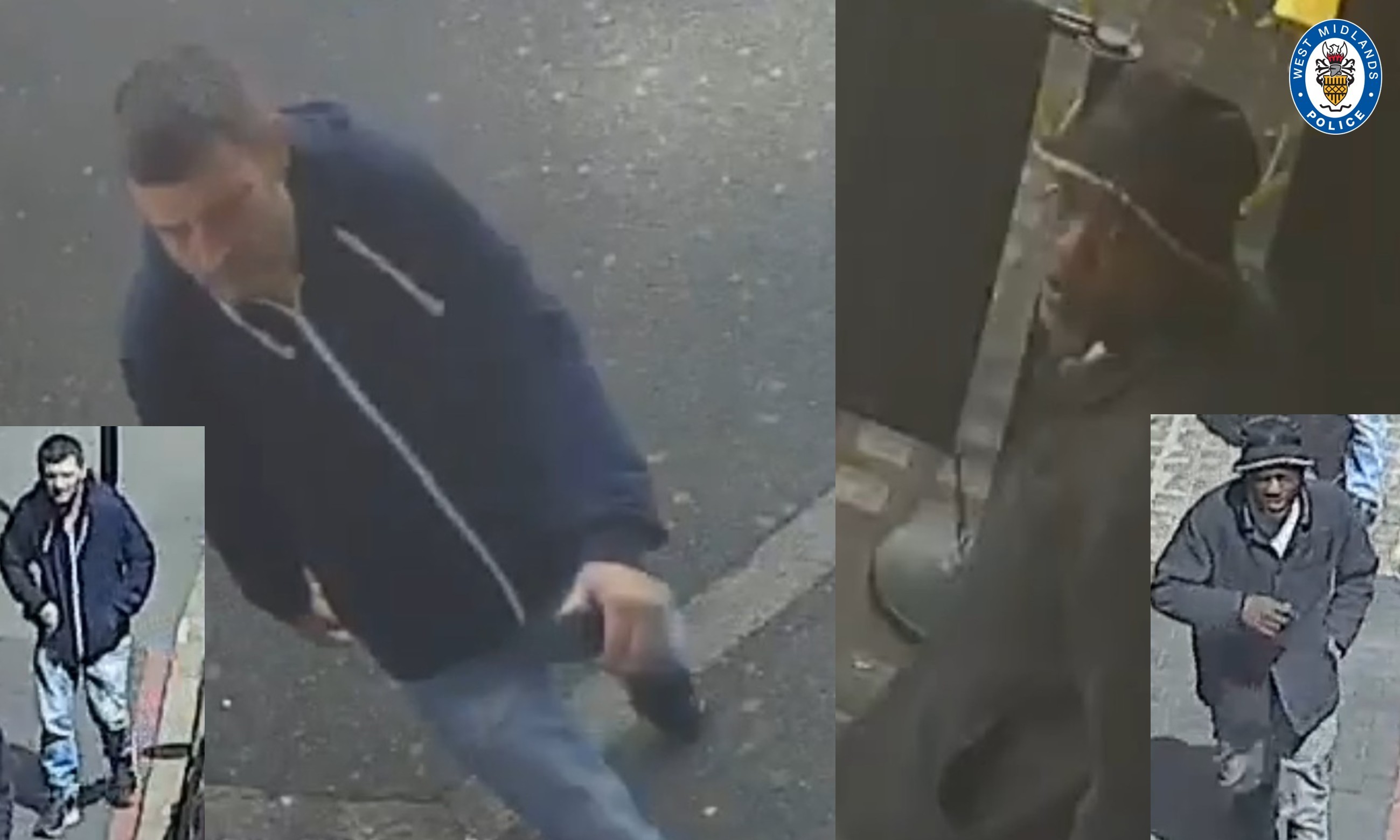 CCTV images of two men one wearing a navy hoodie and jeans and the other in a black coat and hat