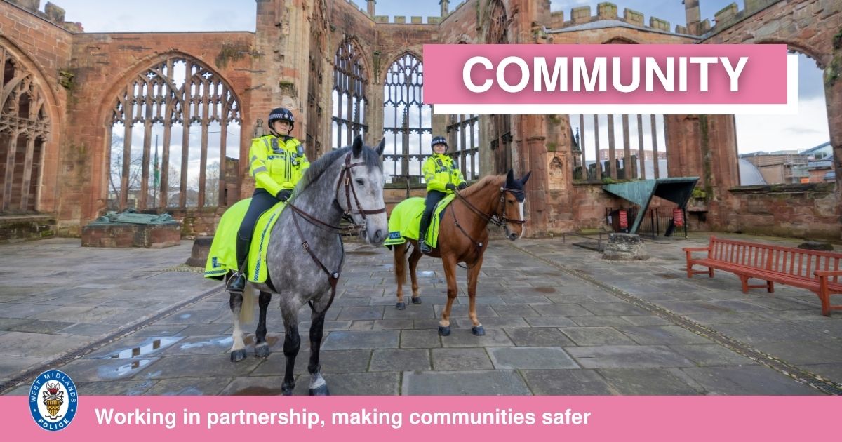 Graphic showing two police officers on police horses with community wording in top right hand corner of graphic