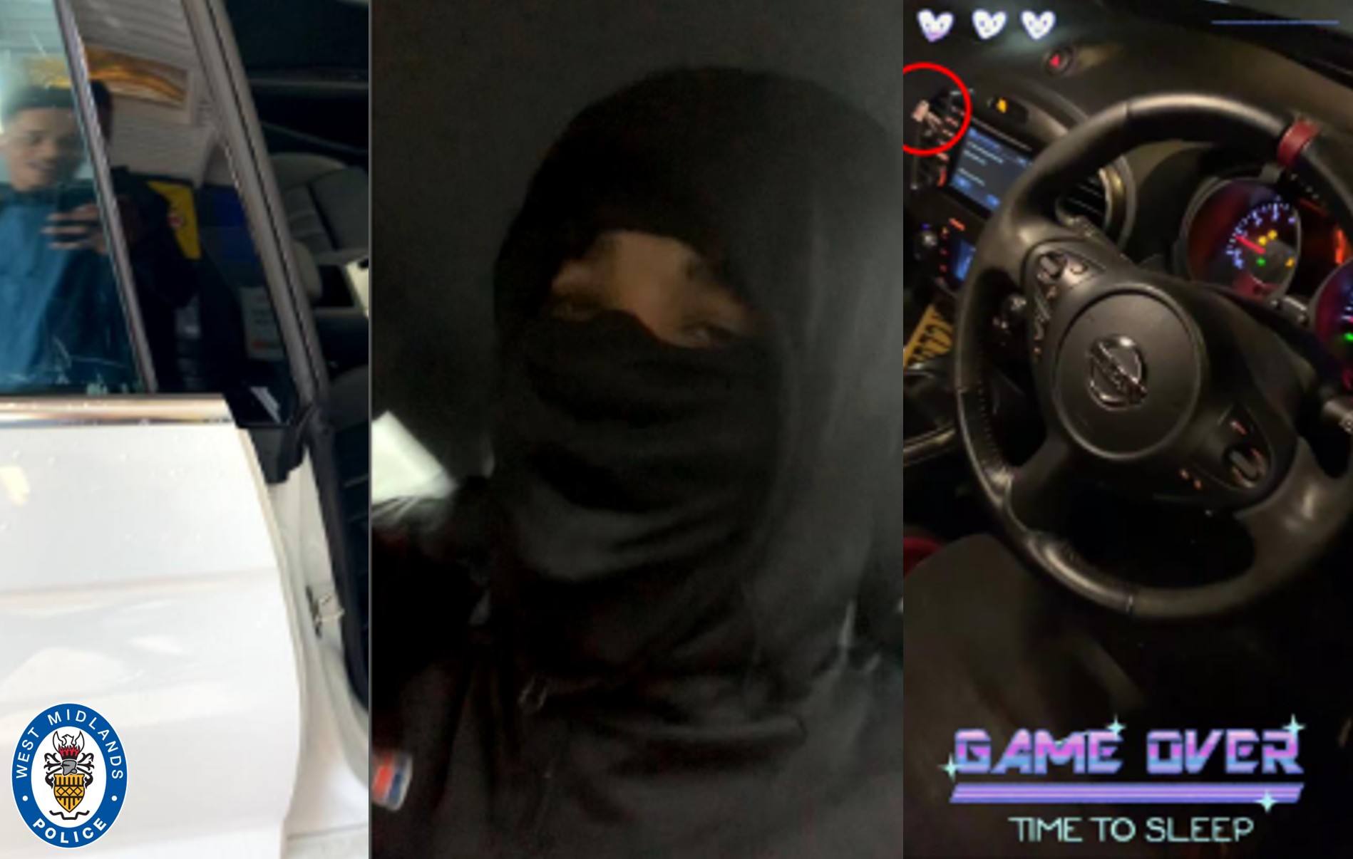 Collage of images showing Ward with face covered and images of someone sat behind wheel of a car with words game over