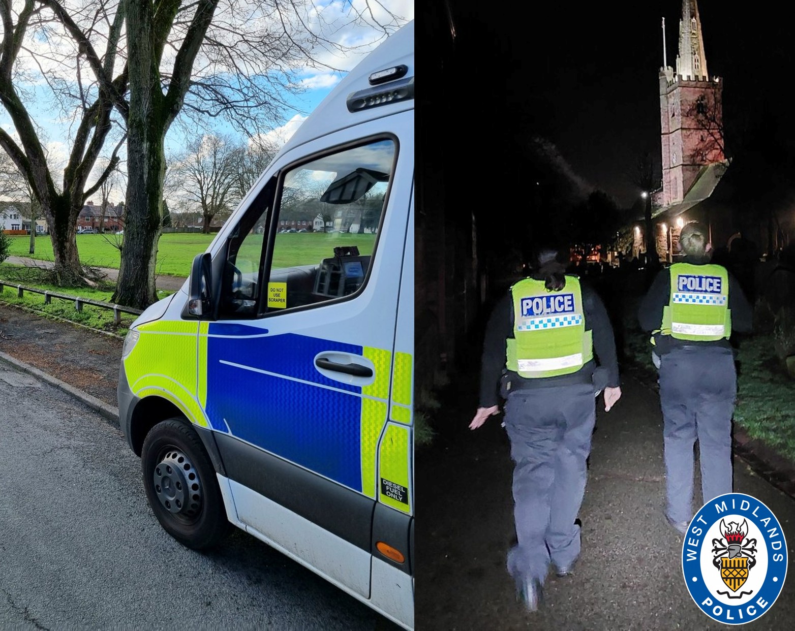 Collage of two images of police van parked at a park and two officer on night time foot patrols