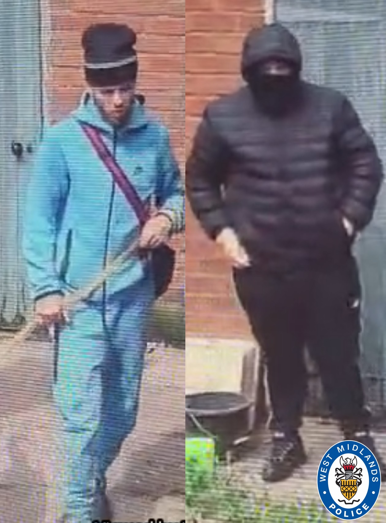 Two images of two men one wearing all black with a face covering and hood up and the other in a black hat wearing an all blue tracksuit and bag