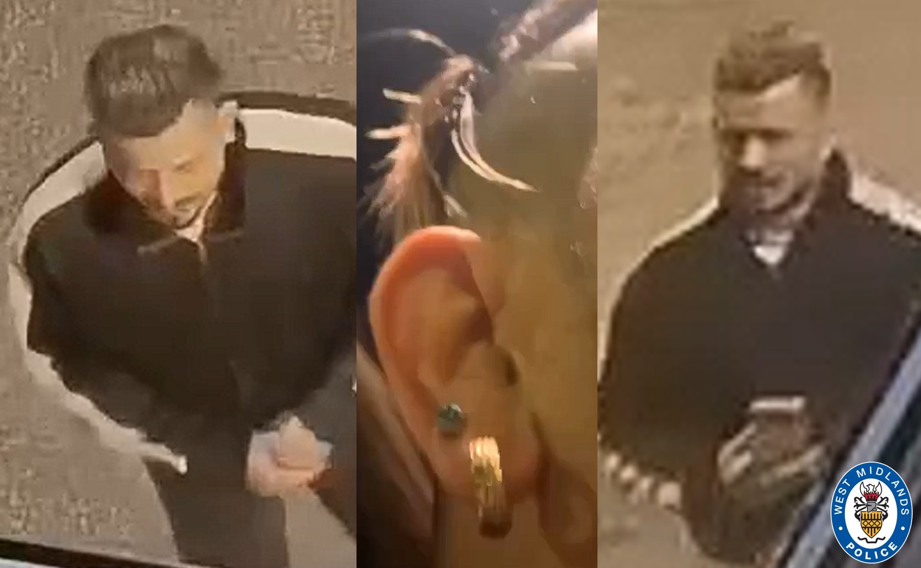 Collage of CCTV images showing man in black and white jacket and close up of green earring