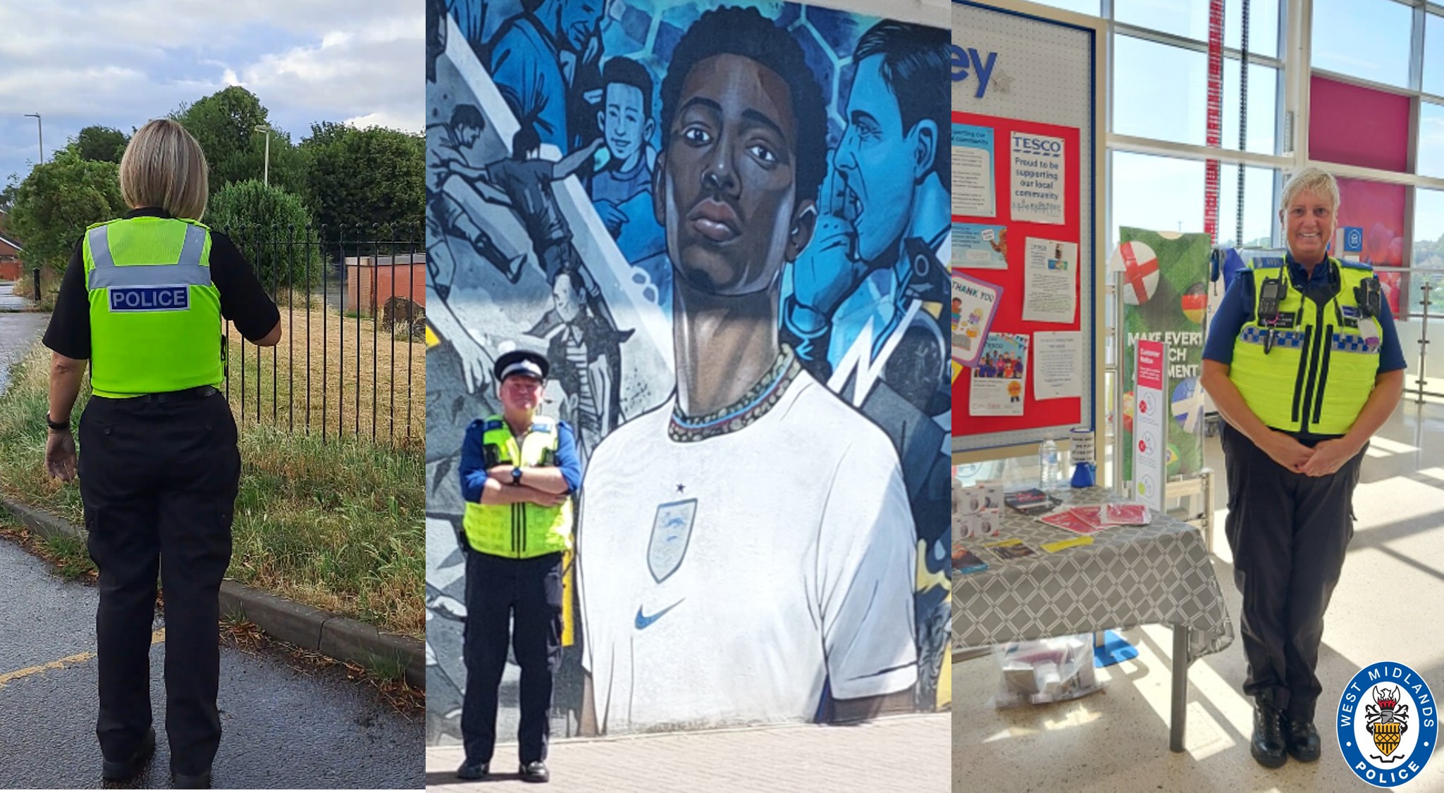 Collage of images showing officer at a park on foot patrol, PCSO inside a supermarket infront of table offering advice and PCSO in front of Jude Bellingham mural