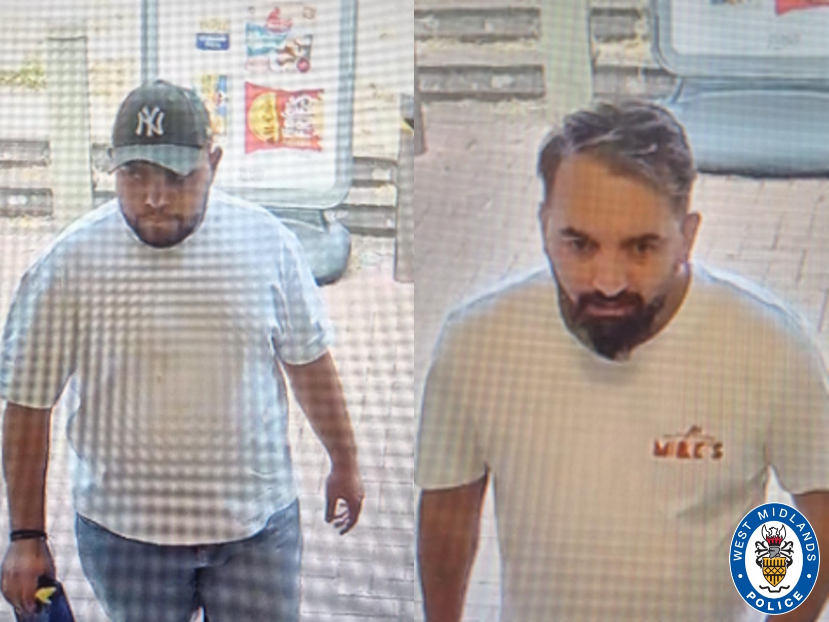 Two CCTV images showing two men both wearing white T-shirts