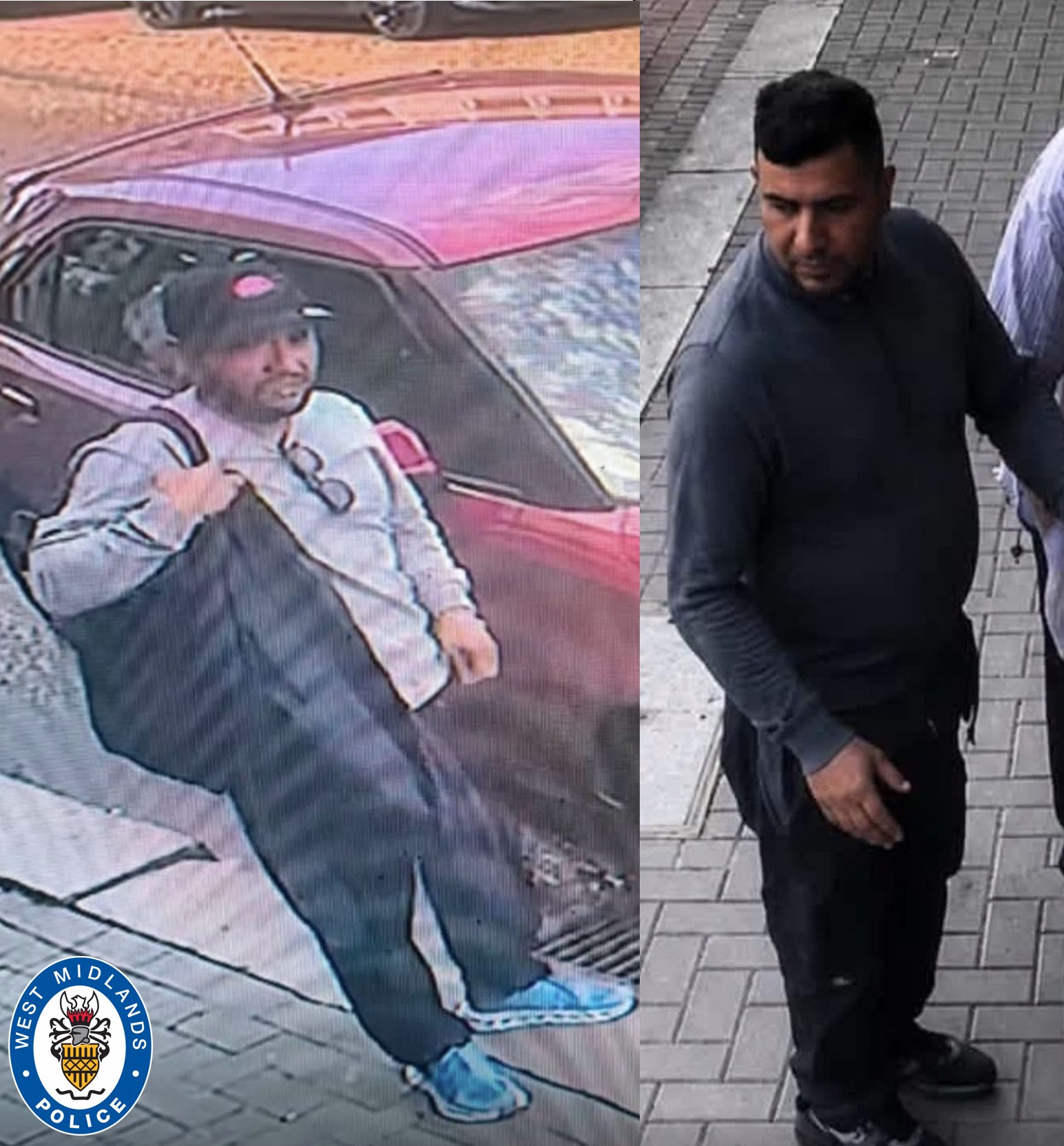 CCTV images of two men one wearing all black and the other in a grey jumper, black baseball hat and bright blue trainers