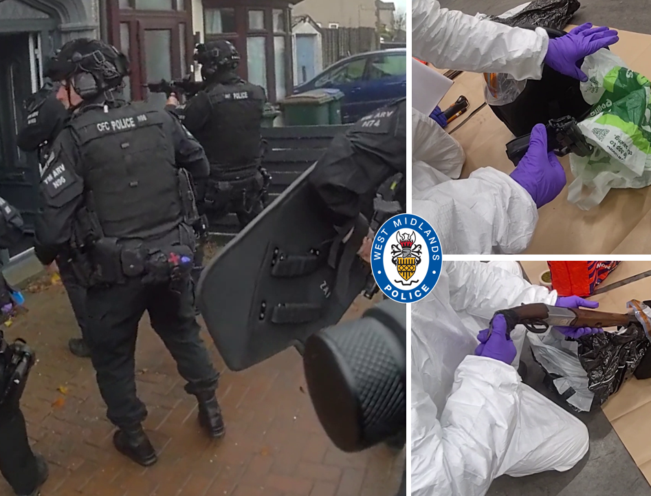 Armed police get ready to make an arrest, and two of the guns recovered