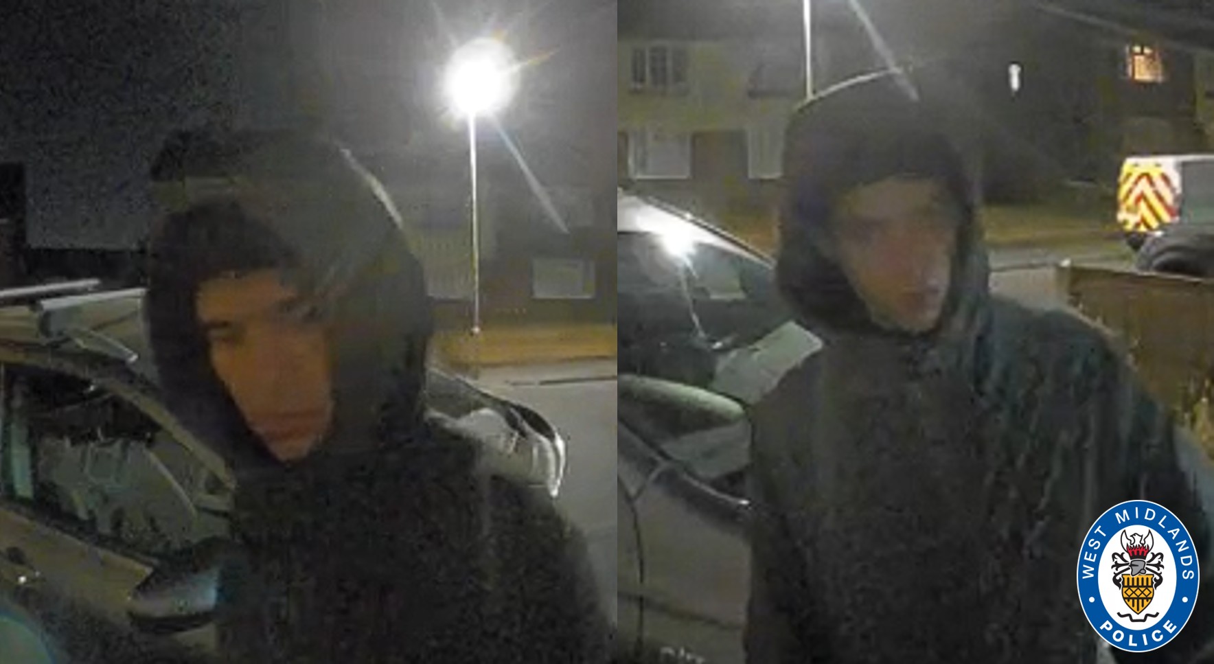 CCTV images showing man on street wearing a grey coat with hood pulled up