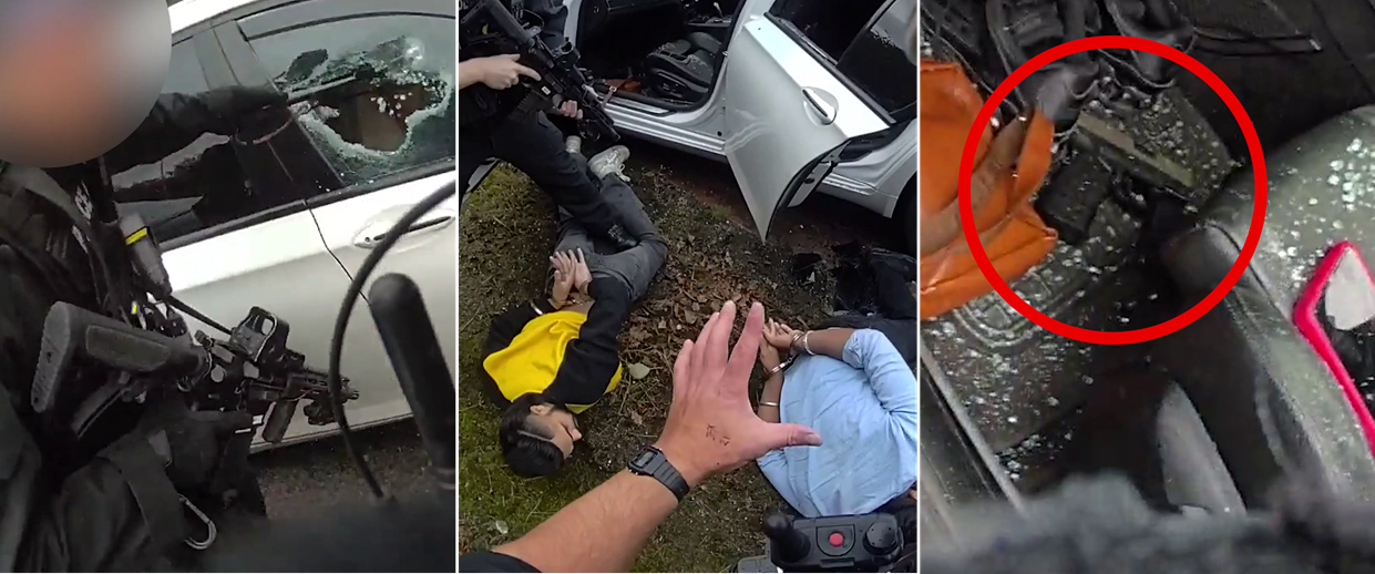 Suspects on the floor, and the gun is seen in the car