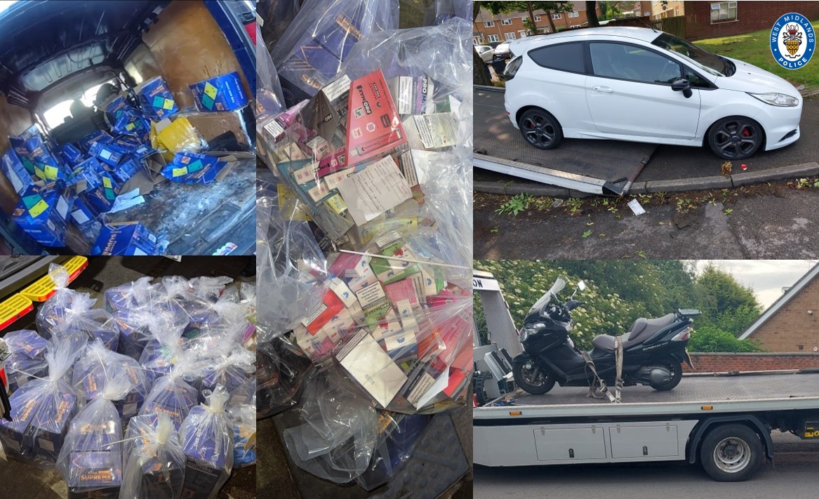 A selection of images including seized cannisters of nitrous oxide, and two stolen vehicles which have been recovered 