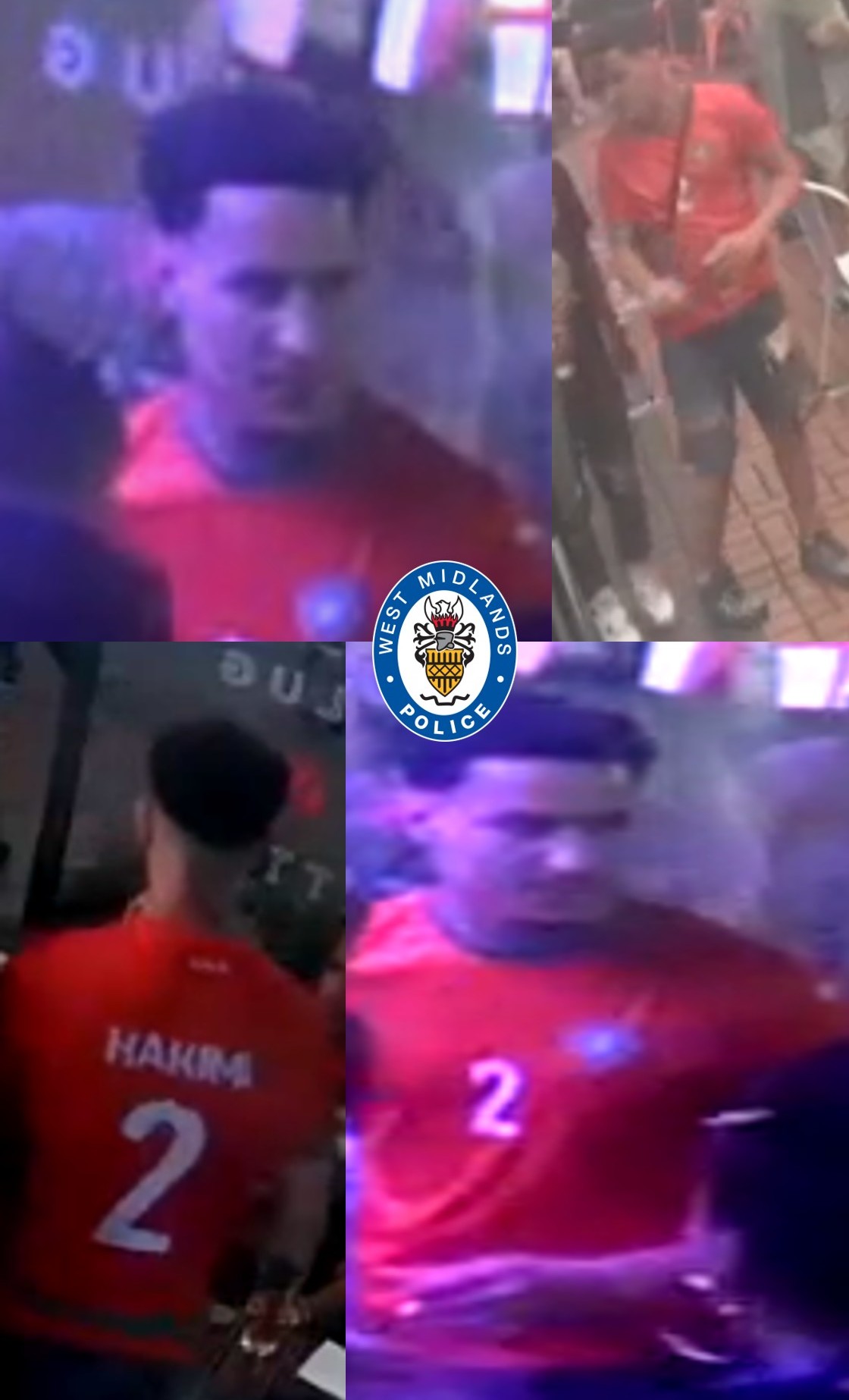 CCTV images of a man wearing a red T-shirt and blue shorts and trainers