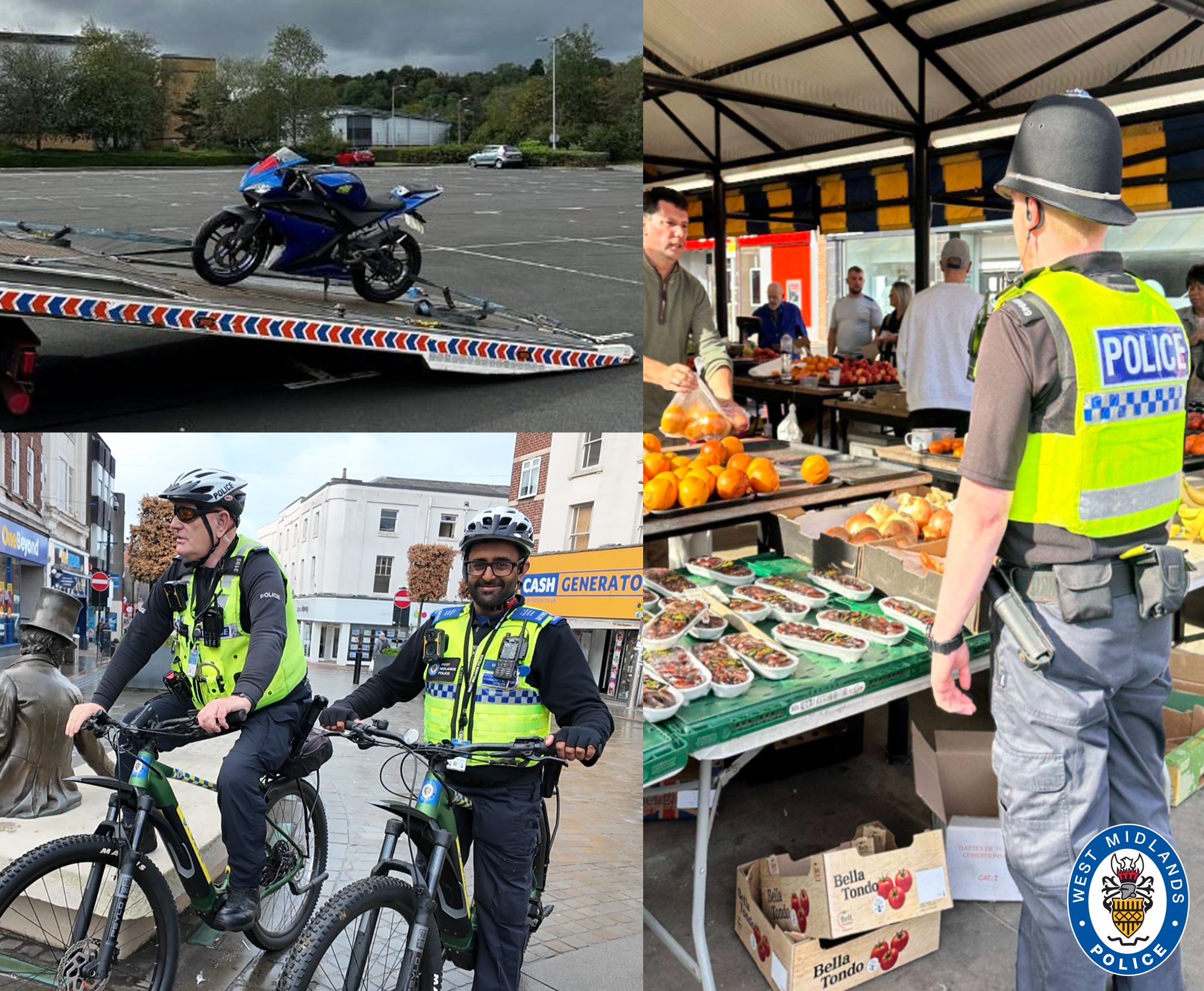 Collage of images showing a seized bike, PC talking to the public at a market stand and a PC and PCSO on bikes on patrols