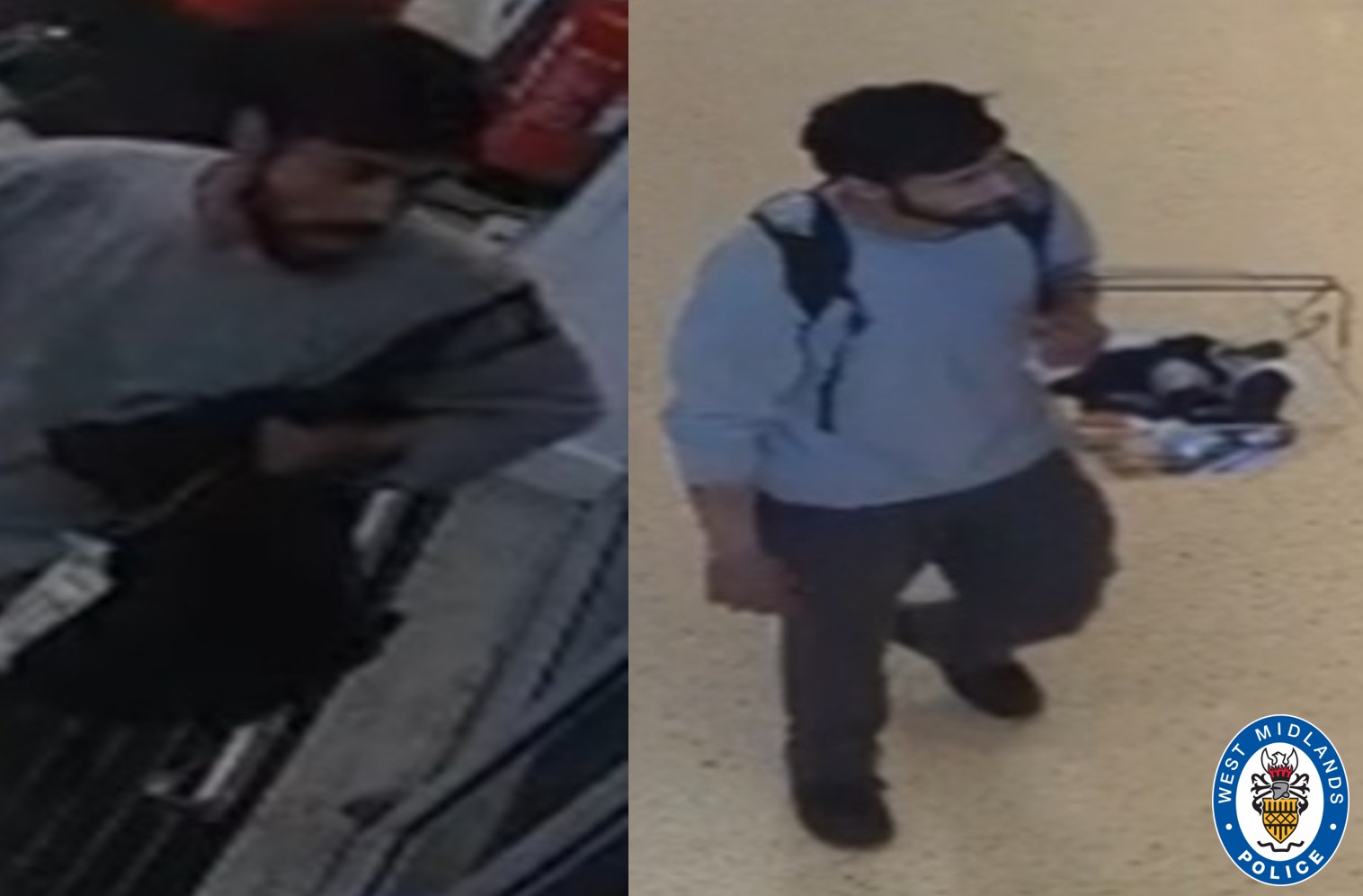 CCTV images showing man with shopping basket wearing a light blue jumper, backpack and black trousers and shoes