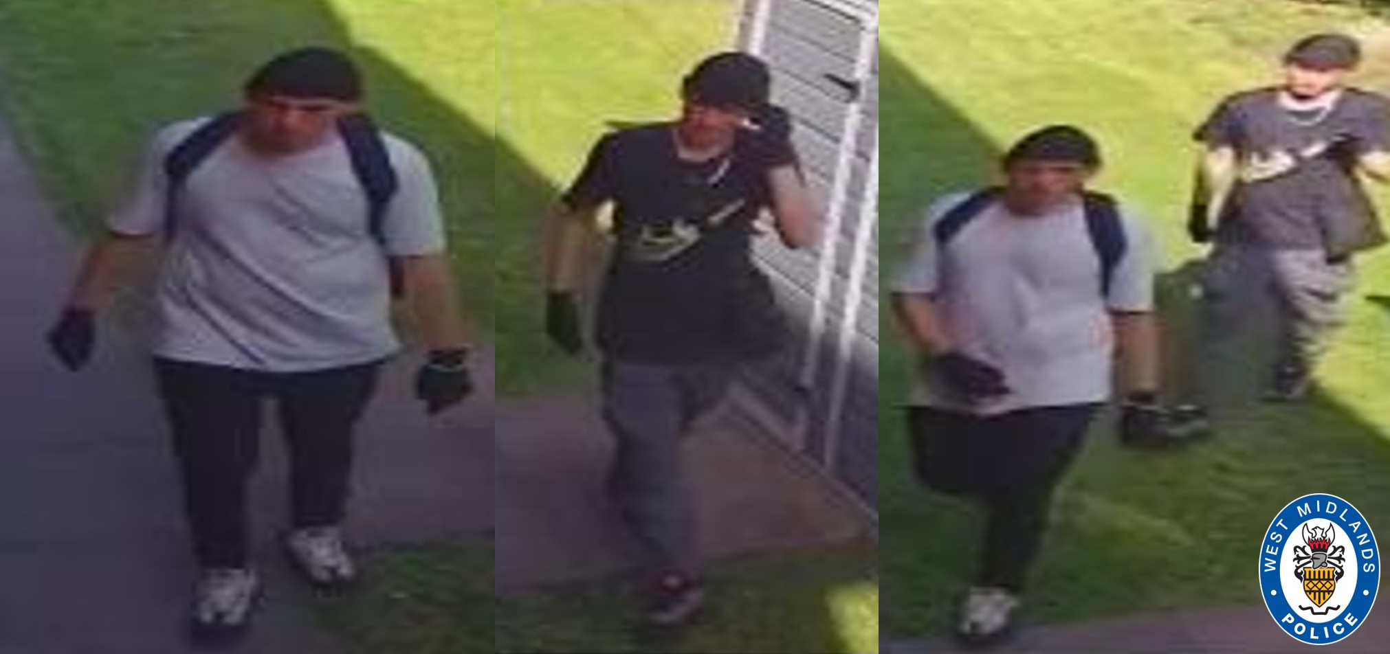 CCTV images of two men one wearing a black hat and black T-shirt with grey trousers the other in a white T-shirt and black trousers walking on grass