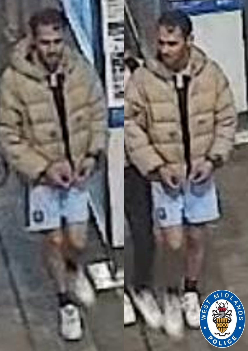 CCTV images of a man with short brown hair and wearing a beige puffer coat and blue shorts