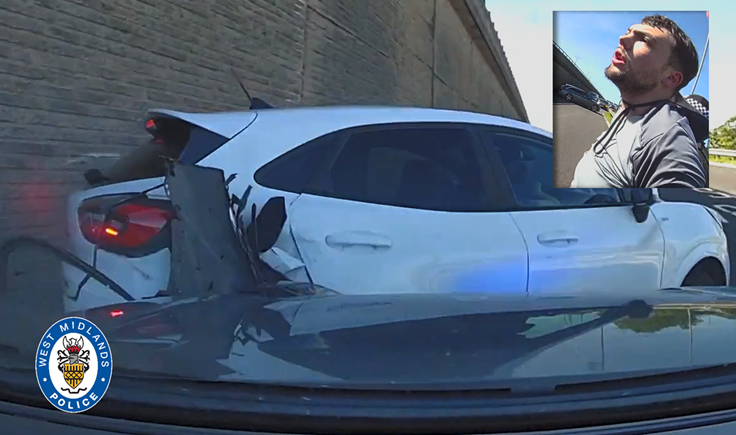 The moment officers make contact with the car that Jones (inset) was driving
